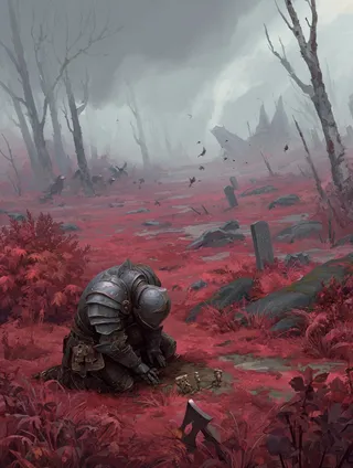 A kneeling armored Forsaken warrior in a foggy battlefield reclaimed by Tirisfal forest, surrounded by crimson thistle, broken wagons, and rusting undead constructs.