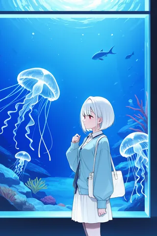 Girl with white hair in a blue cardigan standing in front of a large aquarium tank with glowing jellyfish and fish inside.