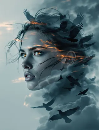 A photorealistic close-up portrait of a determined young woman with piercing hazel eyes and hair blending with a flock of ravens flying against a glowing stormy twilight sky, shown in dramatic cinematic double exposure style.