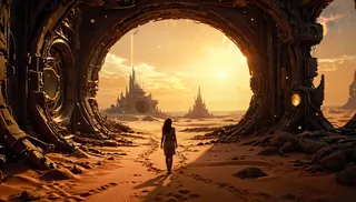A small woman stands in the desert sand facing a surreal portal framing futuristic ruined buildings under a golden sunset sky.