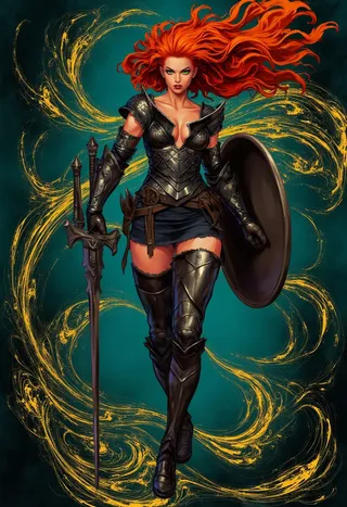 A fierce warrior woman with flowing orange hair, green eyes, and dark medieval armor stands holding a long sword and a round shield against a teal background with golden fractal swirls.