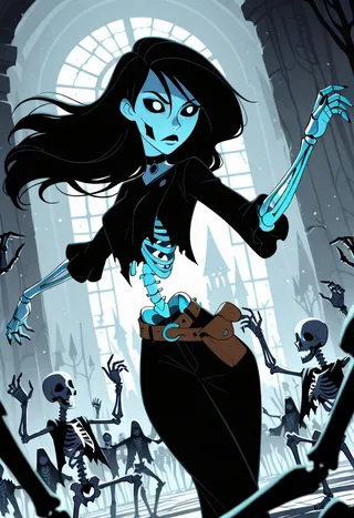 A goth skeleton girl with transparent skin and black eyes dances dynamically in a fantasy graveyard surrounded by other dancing skeletons, with dramatic lighting and gothic atmosphere.