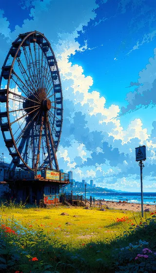 A rusty ferris wheel in an abandoned seaside amusement park with overgrown grass and flowers, ocean in the distance, and dramatic clouds overhead in a cinematic anime style.