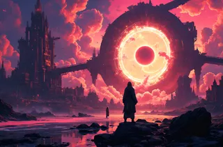 A sci-fantasy digital matte painting showing a glowing ringed eclipse over an ember-lit metropolis with gothic-industrial towers, vibrant magenta and coral twilight clouds, and two cloaked figures standing on rocky tidal flats.
