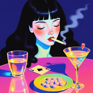 Vibrant psychedelic illustration of a woman with black hair and bangs smoking a cigarette at a pink table with a glass of water, pills on a plate, a playing card, and a martini glass with a heart garnish.