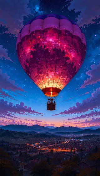 A glowing pink and purple hot air balloon with galaxy-like stars floats over a cozy suburban town during sunset, with mountains in the background and a vibrant twilight sky.