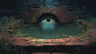 A village well at night with old bricks covered in slime and algae, water subtly rippling, and a large glowing monstrous eye gazing from deep within.