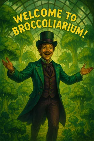 A flamboyantly dressed man wearing a top hat stands with arms wide open in a greenhouse filled with abstract broccoli trees and creatures, with the text 'WELCOME TO BROCCOLIARIUM!' above him.