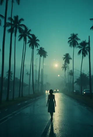 A moody and atmospheric scene of a silhouette woman walking alone on a wet misty road lined with tall palm trees and vintage cars at dusk, enveloped in a deep teal hue with film grain and lens flare effects.
