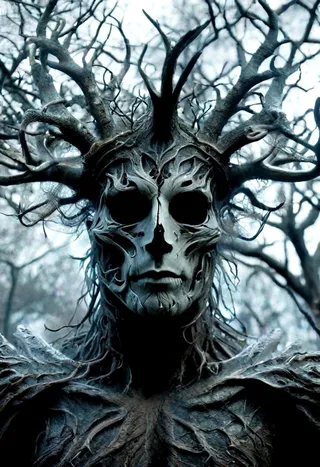 Erlking depicted as a tall, ghostly figure with an intricate crown made of antlers and branches, detailed with dark forest-inspired armor and eerie, hollow eyes.