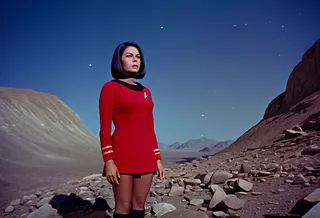 A youthful 20-year-old female Star Trek redshirt yeoman security wearing a red 1960s style Star Trek dress, with a shiny voluminous smooth straight side-parting long bob haircut, stands alone on a rocky alien planet under a starry sky.