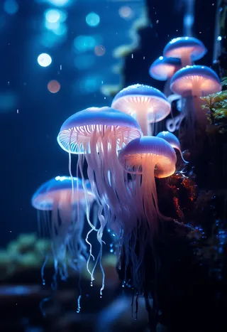 Close-up of translucent blue jellyfish-like fungi with gel-like tentacles glowing softly under cinematic evening light in a rainforest setting with atmospheric haze and film grain effect.