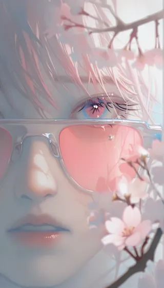Close-up portrait of a girl crying with reflective sunglasses, pink cherry blossoms in blurry foreground, delicate tears on her face, soft window lighting.