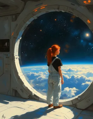 A red-haired girl wearing white denim overalls stands inside a sleek spaceship, gazing at the starry outer space through a large circular window.