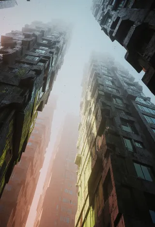 View looking upward between monumental brutalist concrete structures in a fractured cityscape, featuring atmospheric volumetric fog and dramatic chiaroscuro lighting with rain-streaked glass.
