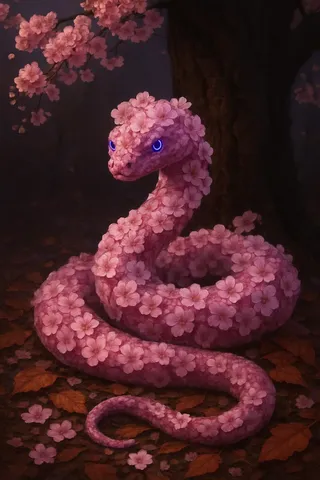 A coiled cherry blossom snake covered in pink flowers with bright neon violet eyes resting against a dark cherry tree trunk in a mid-autumn setting with reddish brown leaves.