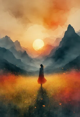 A solitary woman stands in a golden hour field with mountains silhouetted against a vivid sunset, surrounded by abstract colors and ethereal textures.