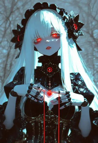 A highly detailed living doll with long white hair, glowing red eyes, and black gothic attire, holding a glowing red heart connected by red strings, set against a blurred dark forest background.