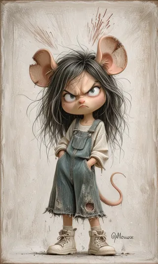 A small angry mouse character with large tattered ears, messy black hair, wearing worn denim overalls and white sneakers, standing with hands in pockets.
