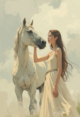 A young woman in a cream-colored dress gently strokes the muzzle of a large white horse with dappled fur, both sharing a peaceful connection in soft, muted lighting against a hazy sky.