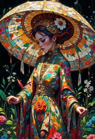 Photorealistic portrait of a geisha wearing a vibrant floral traditional outfit and an elaborate mosaic-style umbrella decorated with flowers.