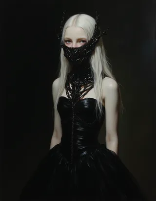 Portrait of a young teen girl with long white hair and pale skin wearing a futuristic black tightly corsetted dress and an intricate black bone and metal mask, painted in a highly detailed oil painting style inspired by Rembrandt.
