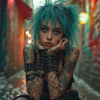 A gothic punk girl with vivid green spiky hair, emerald eyes, tattoos, and multiple spiked leather wristbands poses in a narrow alleyway with moody, colorful lighting.