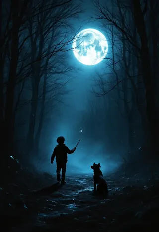 Silhouette of a young boy holding a stick and his dog in a dark moonlit forest with eerie blue glow and bare trees at night
