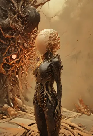 A surreal biomechanical humanoid figure with textured black body and beige, smooth, featureless face stands in a dimly lit, abstract environment filled with organic wires and cables emerging from the background