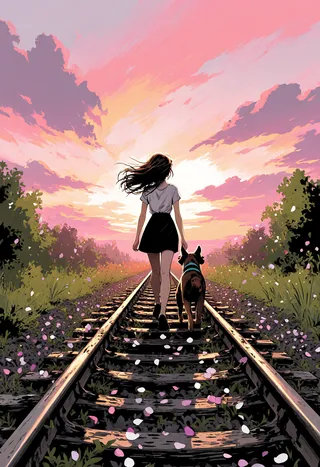 A young woman with windswept hair walking alongside a loyal dog on vintage railway tracks under a vibrant blossom pink sunset, surrounded by spring green foliage and scattered petals.