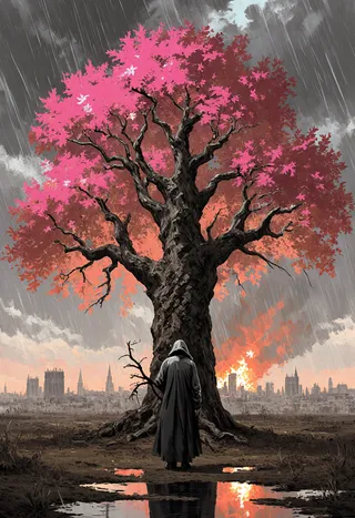 Dramatic oil painting showing a solitary figure cloaked in dark robes standing before a colossal ancient tree with hot pink and coral leaves. It rains heavily under a stormy twilight sky, with a distant burning city visible. The figure holds a withered branch, symbolizing lost hope.