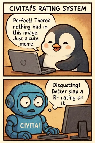 Two panel comic titled 'Civitai's Rating System' featuring a cute penguin happily working on a laptop in the first panel and a shocked blue robot labeled 'CIVITA!' at a computer in the second panel.