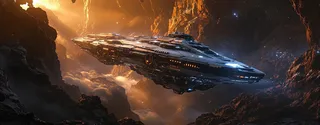 A highly detailed futuristic spaceship navigating through a rocky, dystopian alien world with warm, ethereal lighting highlighting the advanced technology and vast space environment.