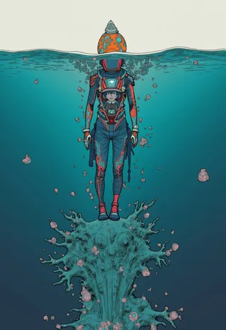 A digital illustration of an alien wearing a futuristic outfit emerging from a cubbled ocean surface in a sketch-like style with dark fantasy elements.