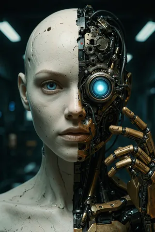 A photorealistic humanoid robot with half of the face showing human-like skin and the other half displaying intricate mechanical components, including a glowing blue cyborg eye and a golden robotic hand.