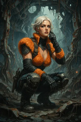 Sharona, a hunter-style character with short white hair and vibrant orange fur clothing, crouched within the twisted metallic remains of an ancient crashed starship, surrounded by corroded metal and dim, moody lighting.
