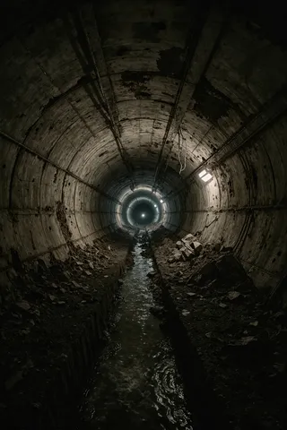 Inside a large, circular concrete sewer tunnel with a small stream of water running along the bottom, surrounded by rubble and debris, illuminated dimly.