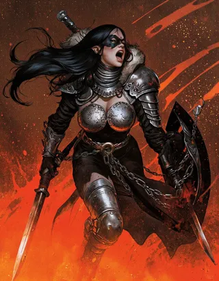 Fierce female warrior with long dark hair wearing detailed silver armor and a black eye mask, wielding two swords surrounded by fiery orange and red background.