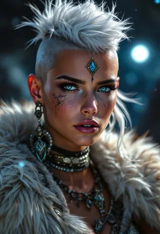 Close-up portrait of a fierce Viking warrior princess with white mohawk hair, blue eyes, tribal tattoos, and adorned in detailed fur clothing and ornate jewelry under a starry nebula night sky.