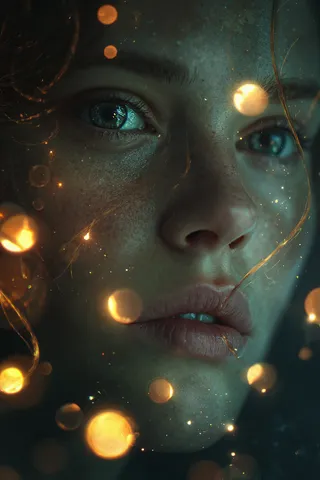Close-up realistic portrait of a woman whose skin reflects constellations like a living night sky, surrounded by softly glowing golden orbs in a magical, mysterious atmosphere.