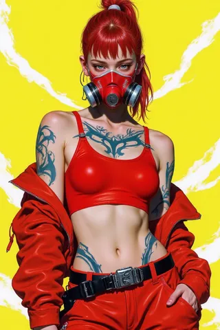Digital artwork of a young woman with vibrant red hair in a high ponytail, wearing a red gas mask, red crop top, and red pants with tribal blue tattoos on her body against a bright yellow background.
