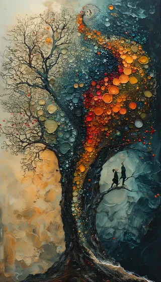 Abstract textured painting featuring a large tree with colorful circular patterns blending warm orange, red, and cool blue tones, with two silhouetted figures standing on a branch.