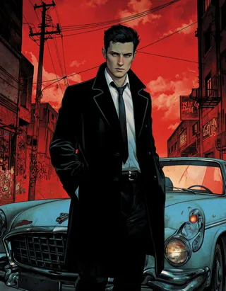 Digital illustration of a man in a black suit standing confidently next to a light blue vintage car under a dramatic red sky in a gritty urban environment with graffiti and power lines.