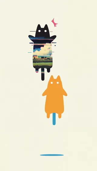 Minimalist artwork of two stylized cats jumping, one black with glitchy farm landscape texture, the other solid orange, casting blue shadow on a light background.