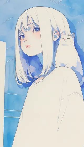 Realistic watercolor drawing of a woman with light blonde hair and a white cat sitting on her shoulder, set against a blue patio background.