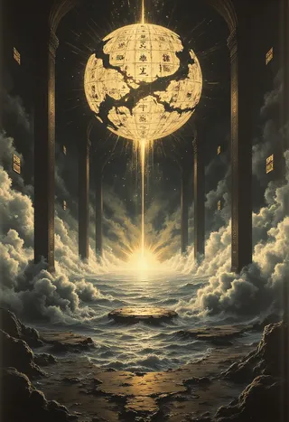 A glowing abstract orb with symbolic glyphs floats above a silent ocean, surrounded by towering pillars and misty clouds, featuring painterly reflections and soft color blending in a surreal minimalistic style.