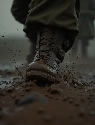 Close-up of a soldier's boot dragging through wet, clay-like mud with particles splashing outward in a foggy battlefield environment