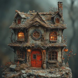 A highly detailed fantasy cottage with glowing windows and red door, surrounded by dry vines and autumn foliage in a moody, atmospheric scene.