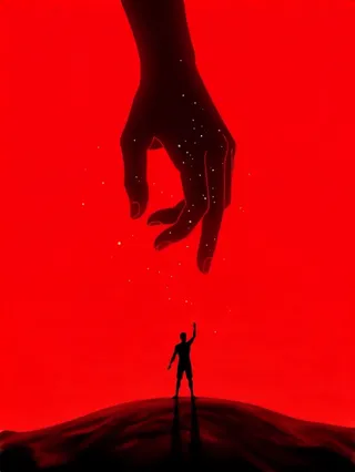 Silhouette of a person standing on a hill with arms raised, beneath a huge black hand with golden dots, set against a vivid red background.