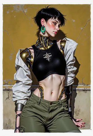 Hyper realistic digital artwork of a female cyborg with short black hair, golden biomechanical parts, black cropped top, and olive cargo pants against a textured mustard wall.